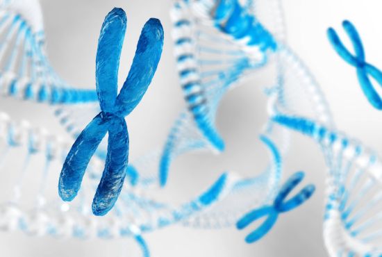 Représentation en 3D de chromosomes et de brins d'ADN illustrant l'origine génétique de l'hémochromatose.