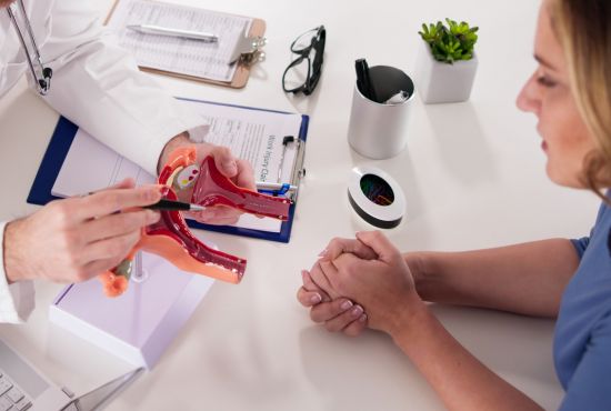 un gynécologue montrant à une patiente une maquette d'une fibrome utérin