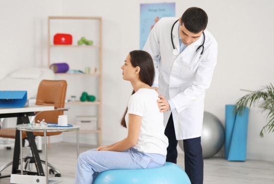 Un professionnel de santé en blouse blanche examine le dos et l'alignement de la colonne vertébrale d'une patiente assise sur un ballon d'exercice.