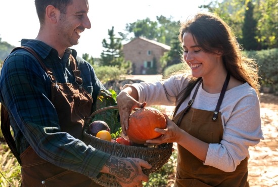 Un homme et une femme souriants tenant un panier rempli de légumes d'automne de saison, dont une courge.